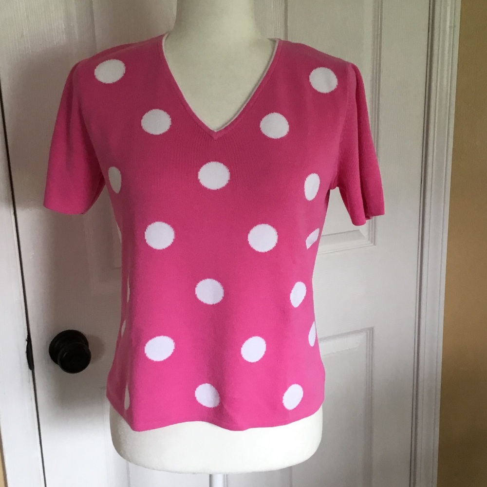 Designers Originals Retro Pink and White Polka Dot V-Neck Sweater
